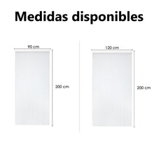 Cargar imagen en el visor de la galería, Medidas disponibles de la cortina para puerta de tiras de PVC - Modelo Espiral en color blanco con filo en verde. Las medidas disponibles son 90×200 cm y 120×200 cm.