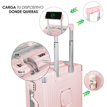 Cargar imagen en el visor de la galería, Juego de 3 Piezas de Maletas Multifunción con USB de Cabina, Grande y Neceser de Policarbonato y ABS-Rosa