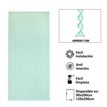 Cargar imagen en el visor de la galería, Cortina para Puerta de Tiras PVC- Modelo Espiral . Color Blanco con Filo Verde. Con espirales de aproximadamente 1 cm. Instalación fácil, anti insectos, de fácil limpieza y disponible en dos tamaños : 90×200 cm y 120×200 cm.