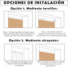 Cargar imagen en el visor de la galería, Opciones de instalación de las cortinas para interior o exterior de cordón de PVC de 90×120 cm en color arcoíris. La opción 1 muestra los pasos a seguir para la instalación mediante tornillos. La opción 2 muestra los pasos a seguir para la instalación mediante alcayatas.