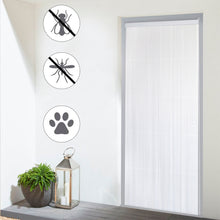 Cargar imagen en el visor de la galería, Cortina con filo de PVC para puertas de interior o exterior, modelo Kalia, en color blanco y transparente, apta para la entrada y salida de mascotas e impedir que entren insectos voladores como mosquitos y moscas