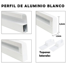 Cargar imagen en el visor de la galería, Perfil de aluminio en color blanco para la colocación de la cortina para puertas de interior o exterior, modelo Kalia, en color crema y marrón.