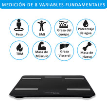 Cargar imagen en el visor de la galería, Báscula inteligente Analiza 8 Funciones, Monitores de Composición Corporal con App para Peso Corporal, Grasa, Agua, IMC, BMR, Masa Muscula