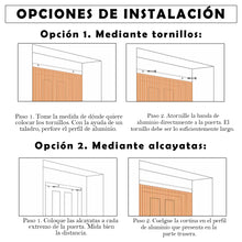 Cargar imagen en el visor de la galería, Opciones para instalar la cortina para puertas de interior o exterior, modelo Kalia, en color crema y marrón.