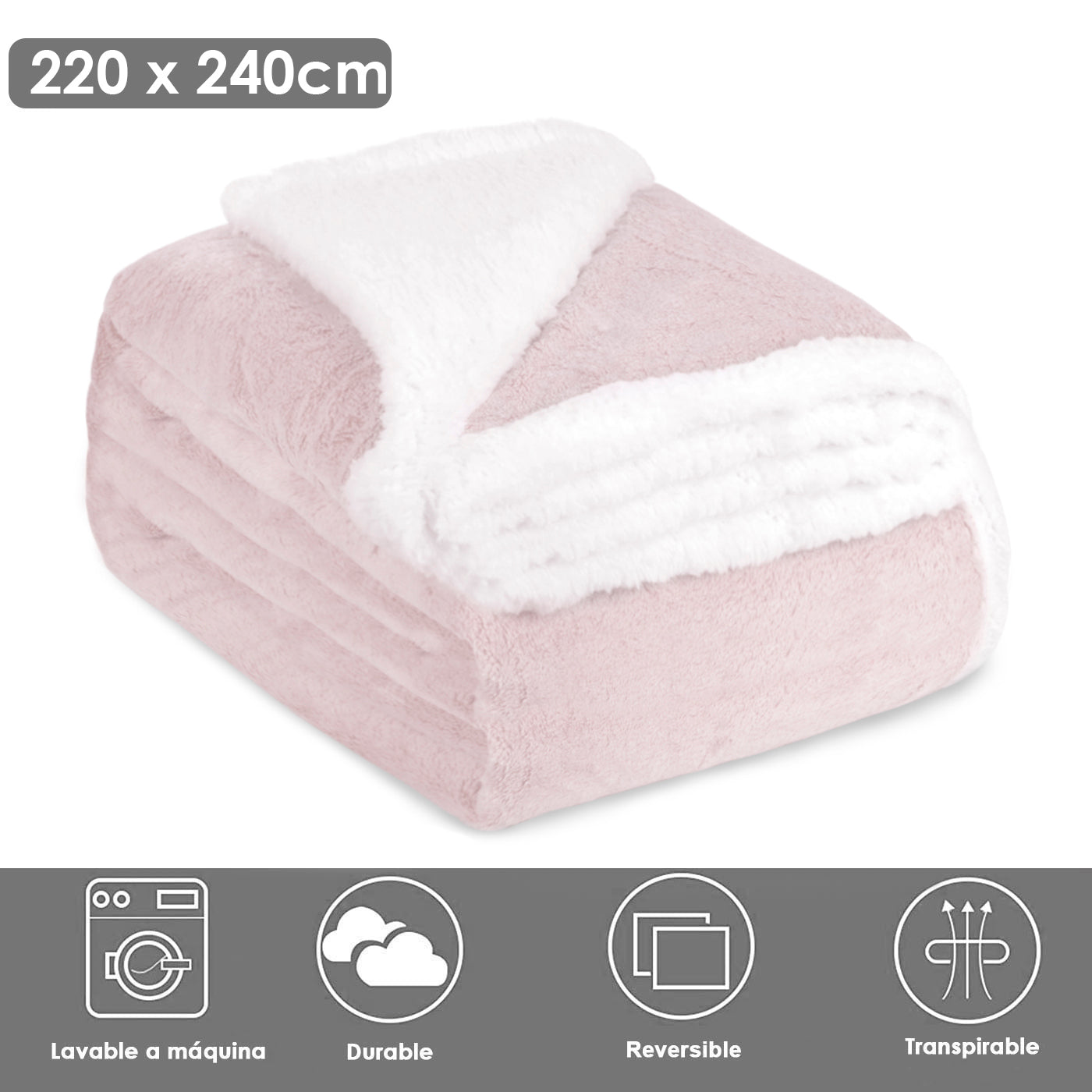 Manta Borreguito Sherpa Reversible 220x240 Extra Suave- Rosa Claro