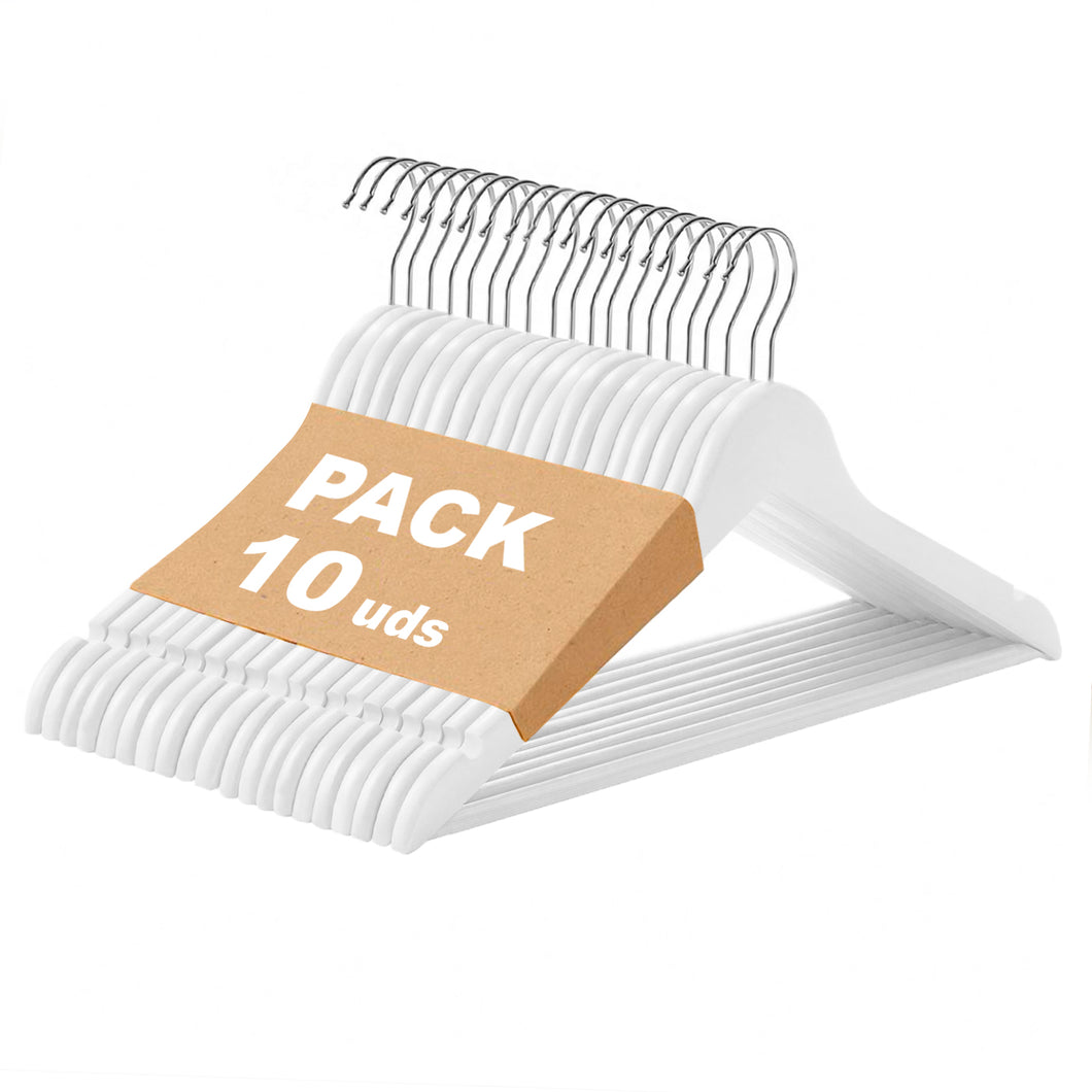 Perchas de Madera Natural con Barra Antideslizante- Blanco