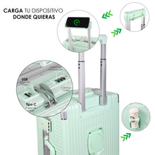 Cargar imagen en el visor de la galería, Juego de 3 Piezas de Maletas Multifunción con USB de Cabina, Grande y Neceser de Policarbonato y ABS-Verde
