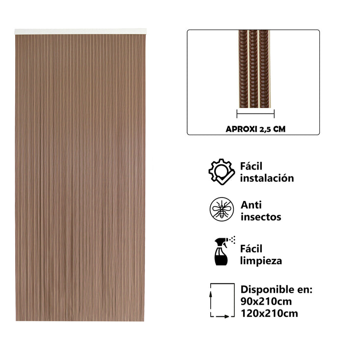 Cortina para Puerta Modelo Tosca con tiras PVC en color marrón y filo Beige P1. Disponible en dos medidas diferentes de ancho: 90 cm y 110 cm.