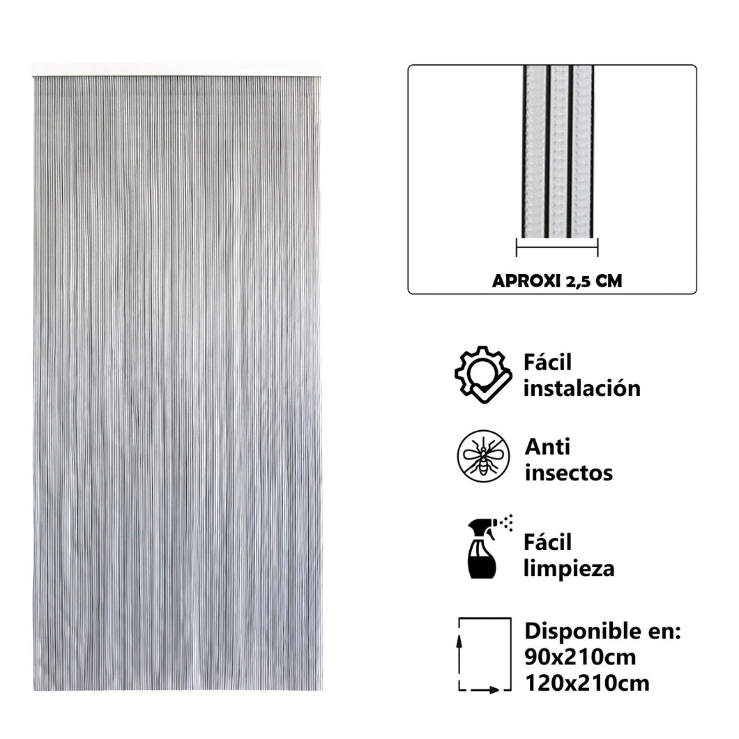Cortina para Puerta Tiras PVC. Medida 210x90cm - Modelo Tosca. Color Transparente con Filo Negro P4. Las tiras tienen un ancho aproximadamente de 2,5 cm.