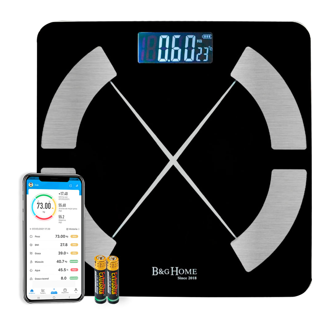 Báscula inteligente Analiza 8 Funciones, Monitores de Composición Corporal con App para Peso Corporal, Grasa, Agua, IMC, BMR, Masa Muscula